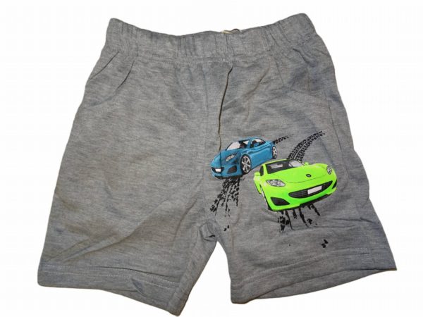 Chlapecké šedé kraťasy s modrým a žlutým závodními auty