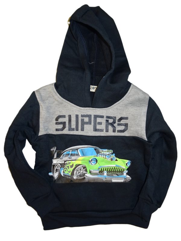 Chlapecká  tmavě modrá teplá mikina se zeleným autem Slipers